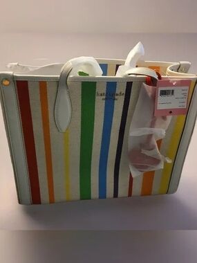Kate Spade Tote Canvas Multicolor Vertical Stripe  with White Trim NWT Spring